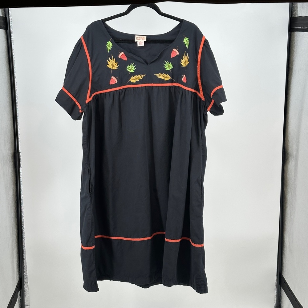 Vintage Black‎ Embroidered House Dress with Orange Accents Fall Autumn Mumu
